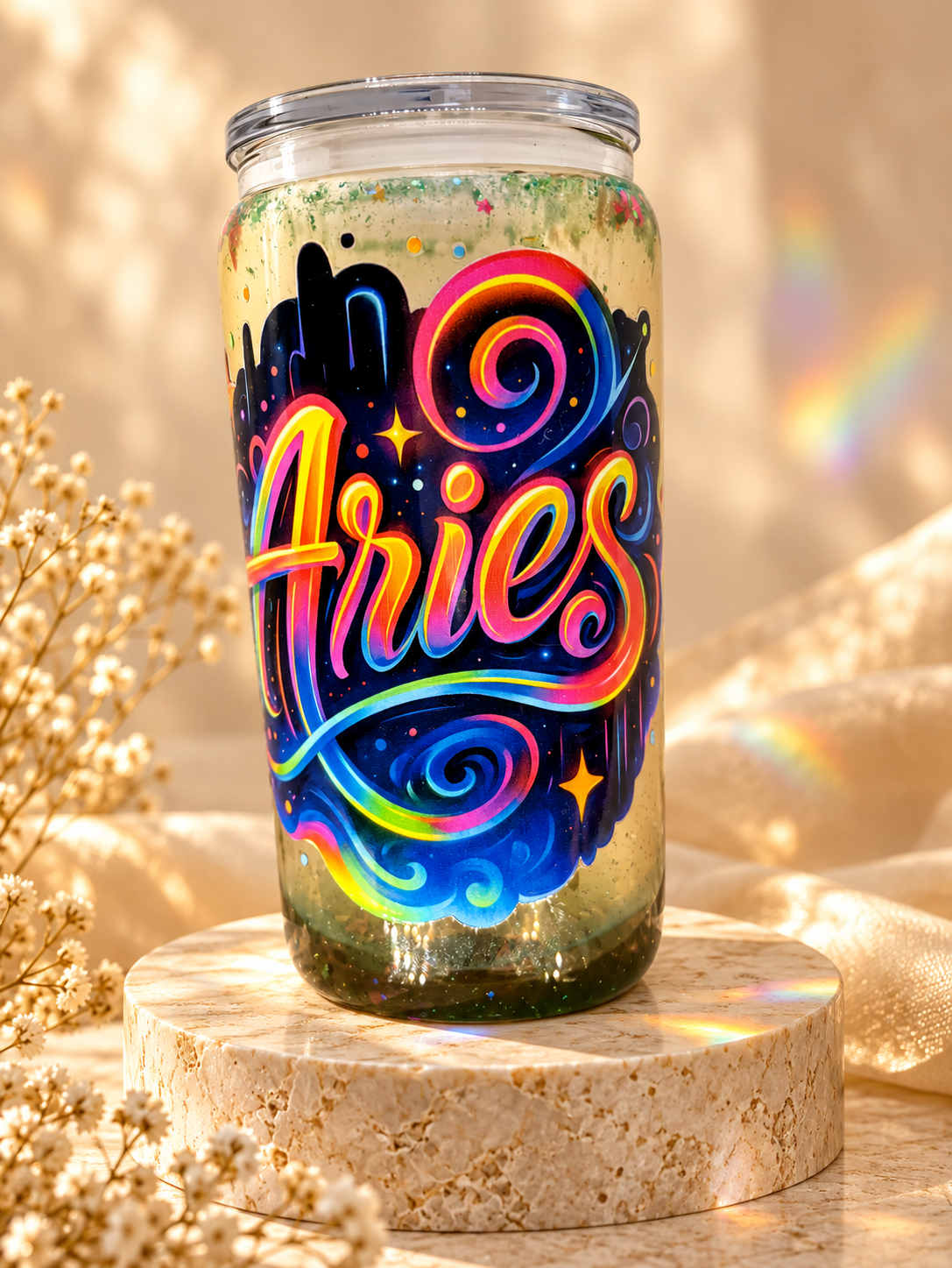 A customizable acrylic snow globe tumbler lettered with the name Aries
