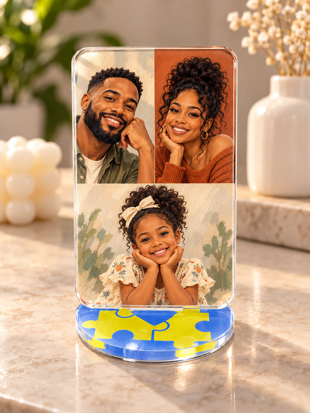 A clear custom acrylic photo stand