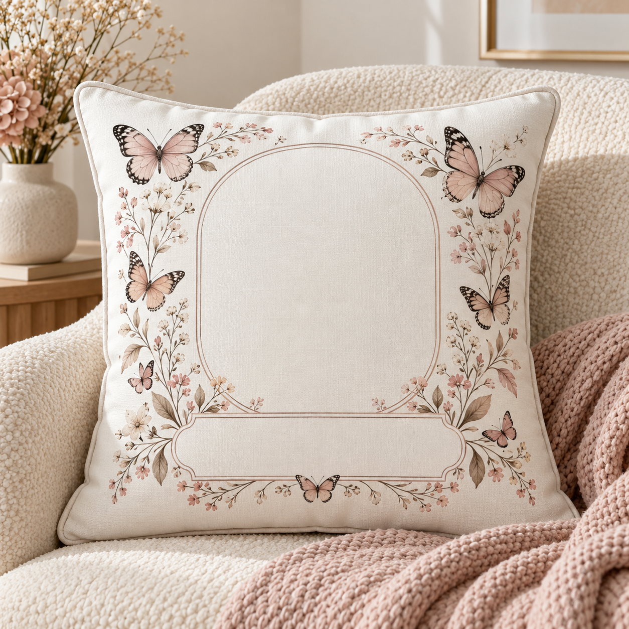 A personalized butterfly birth announcement pillow