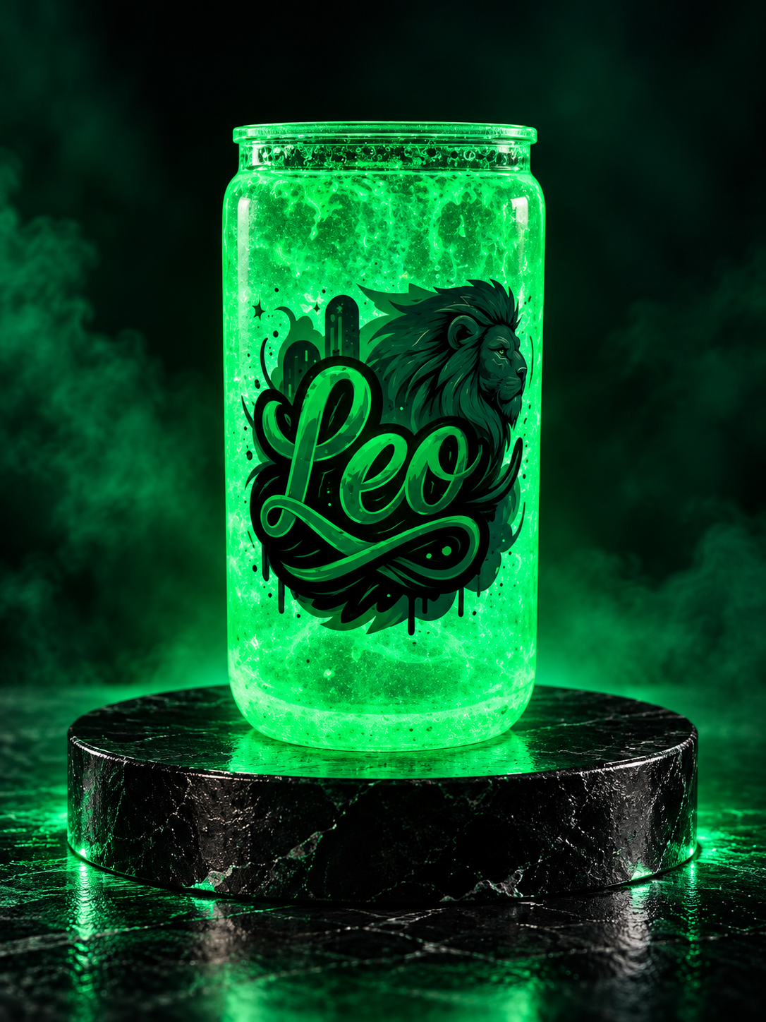 A neon-green Leo lion tumbler