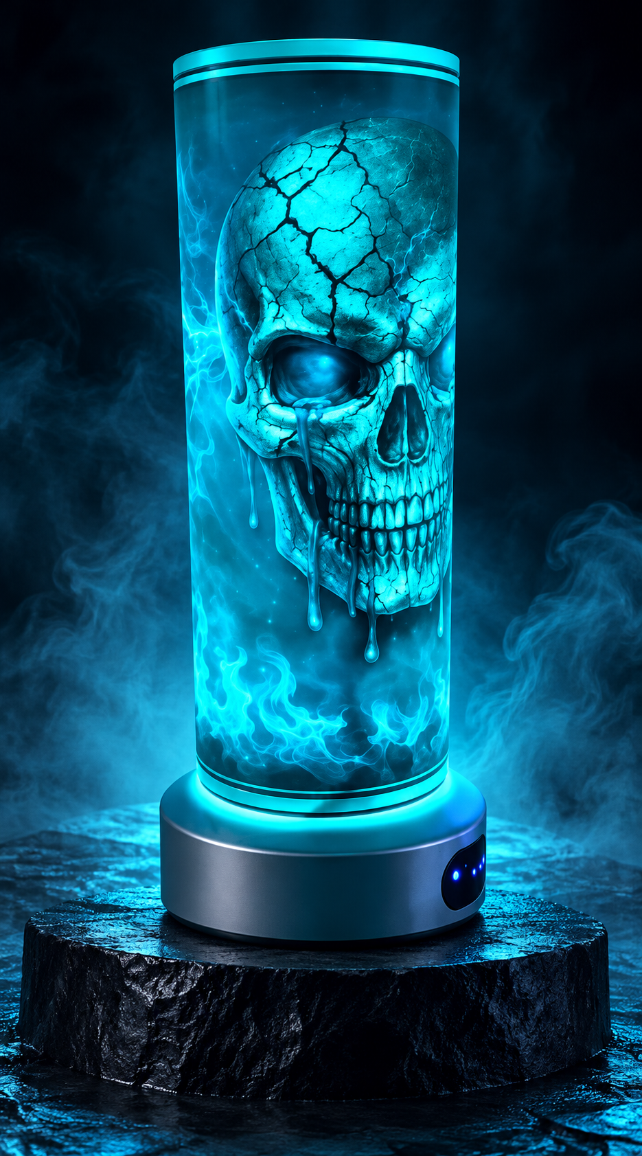 An electric-blue skull tumbler