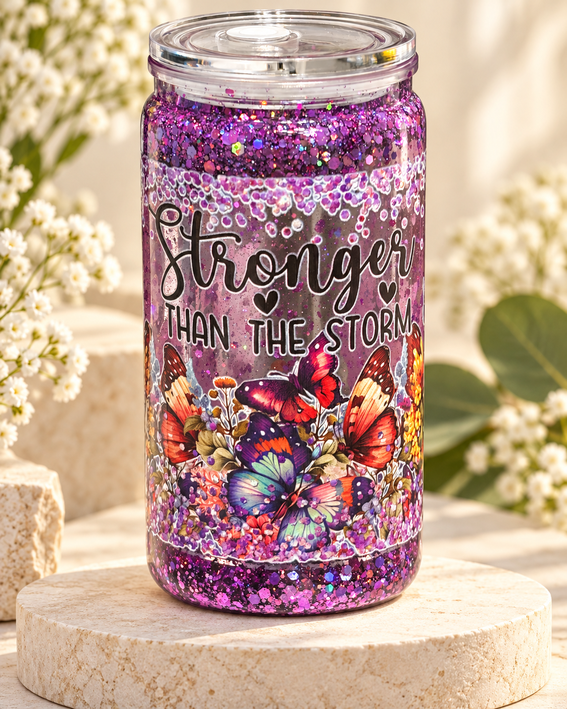A clear snow globe tumbler with a floating glitter scene